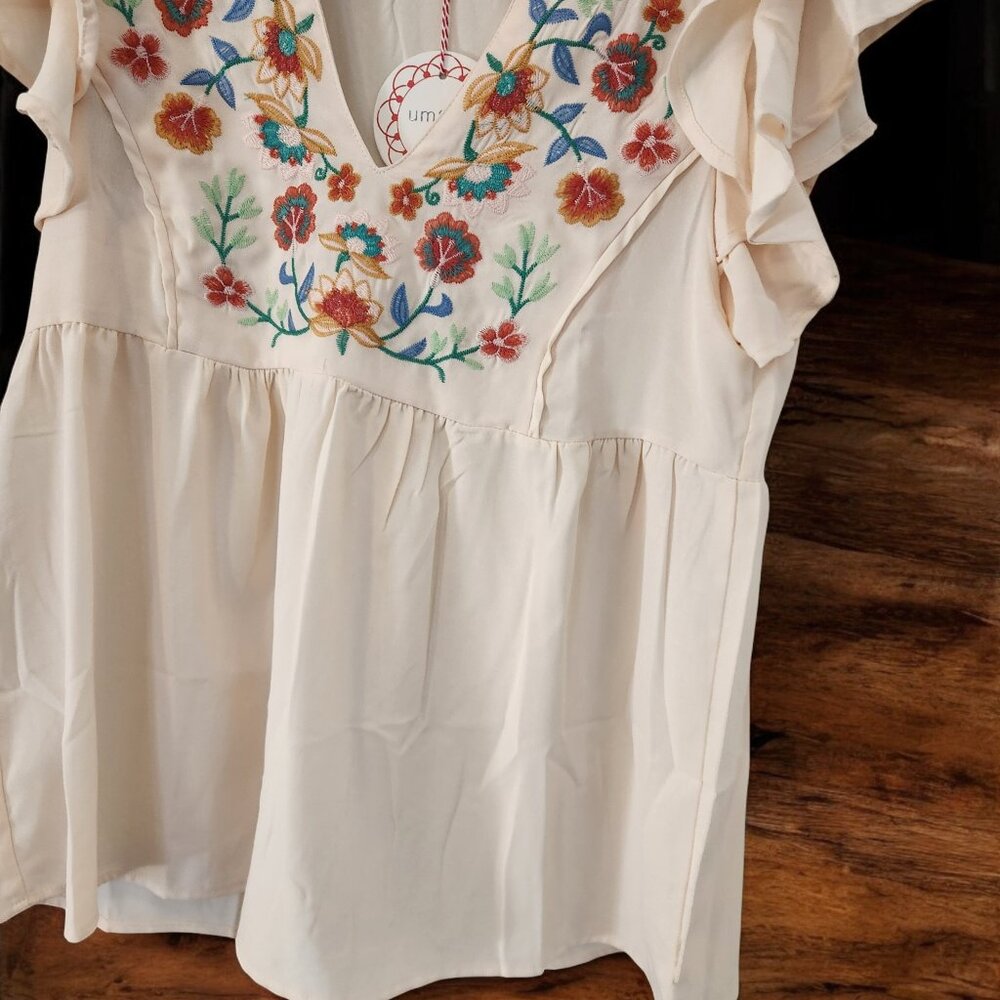 Umgee Embroidery Notched Double Ruffle Sleeve Blouse - Picture 7 of 11